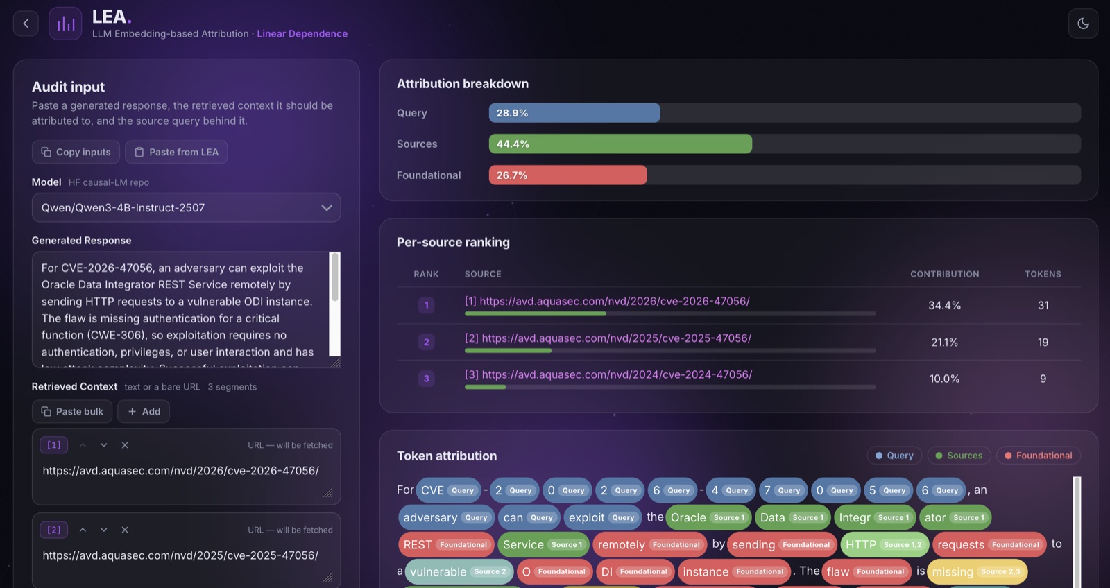 The LEA interface, showing token-level source attribution.