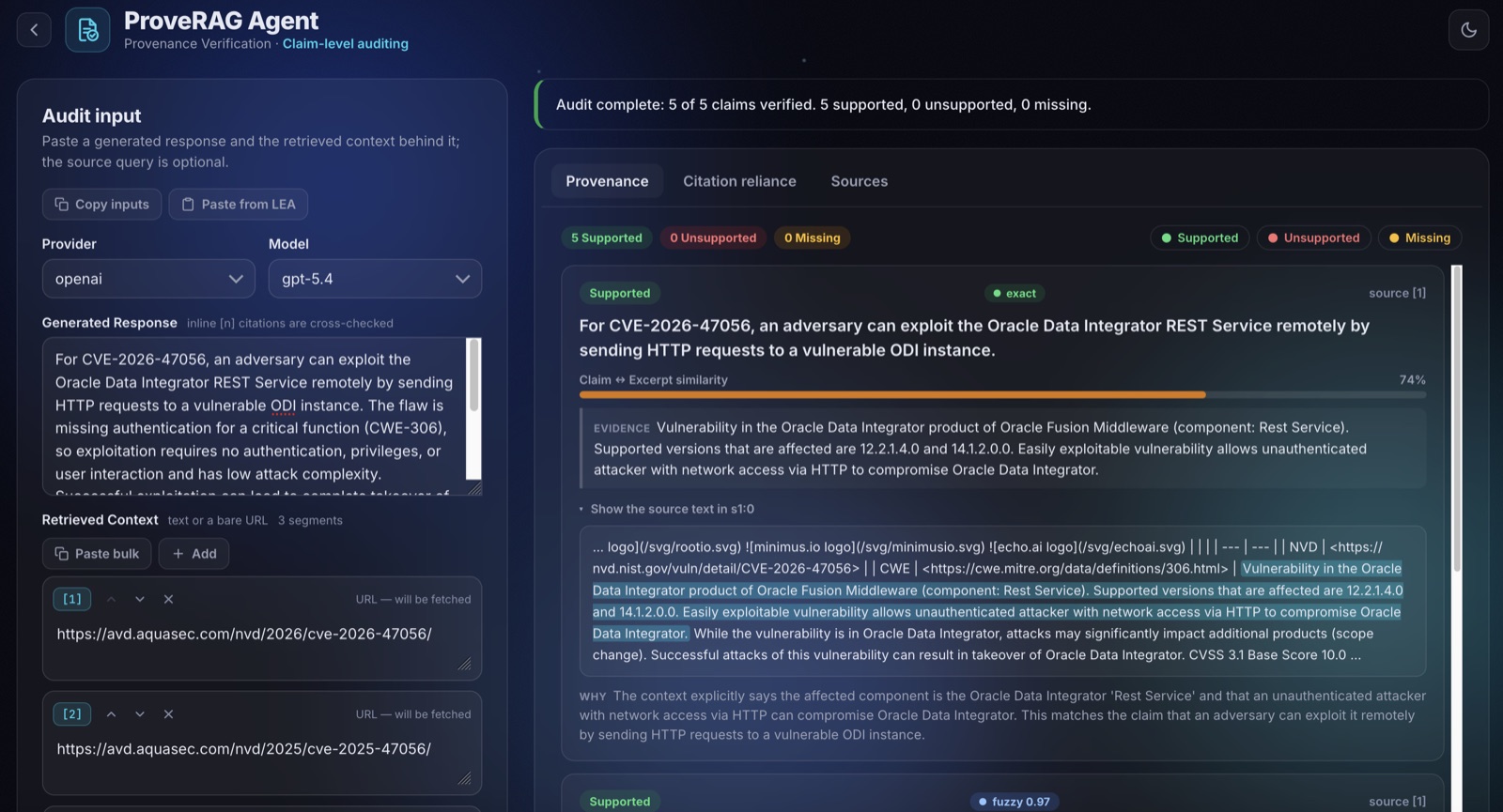 The ProveRAG interface, showing claim-level provenance results.